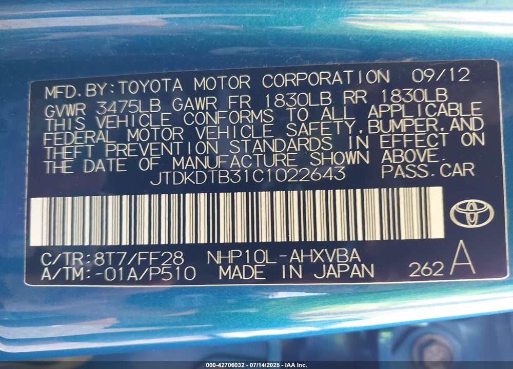 2012 TOYOTA PRIUS C VIN: JTDKDTB31C1022643