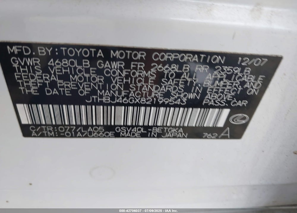 2008 LEXUS ES 350 VIN: JTHBJ46GX82199543