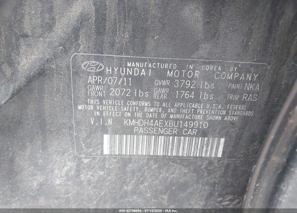 2011 HYUNDAI ELANTRA VIN: KMHDH4AEXBU149910