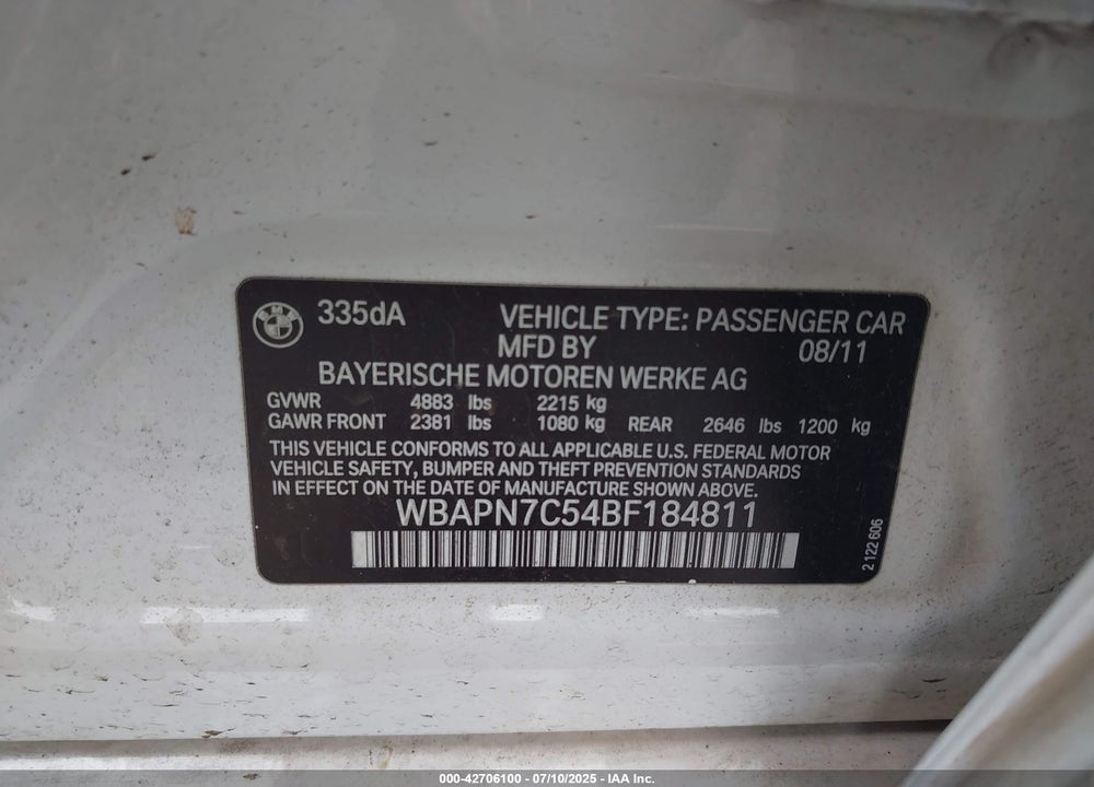 2011 BMW 3 SERIES VIN: WBAPN7C54BF184811