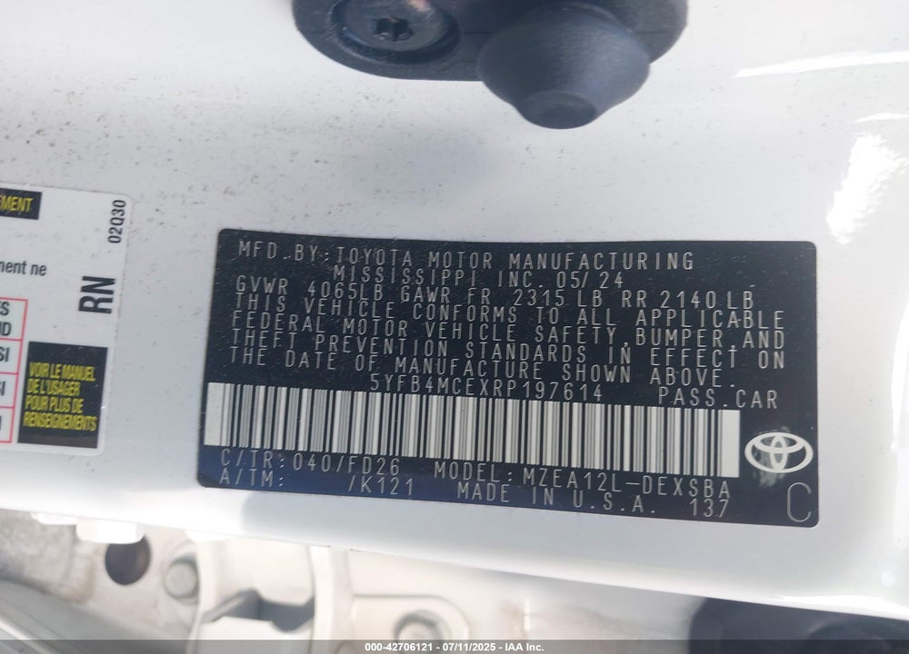 2024 TOYOTA COROLLA VIN: 5YFB4MCEXRP197614