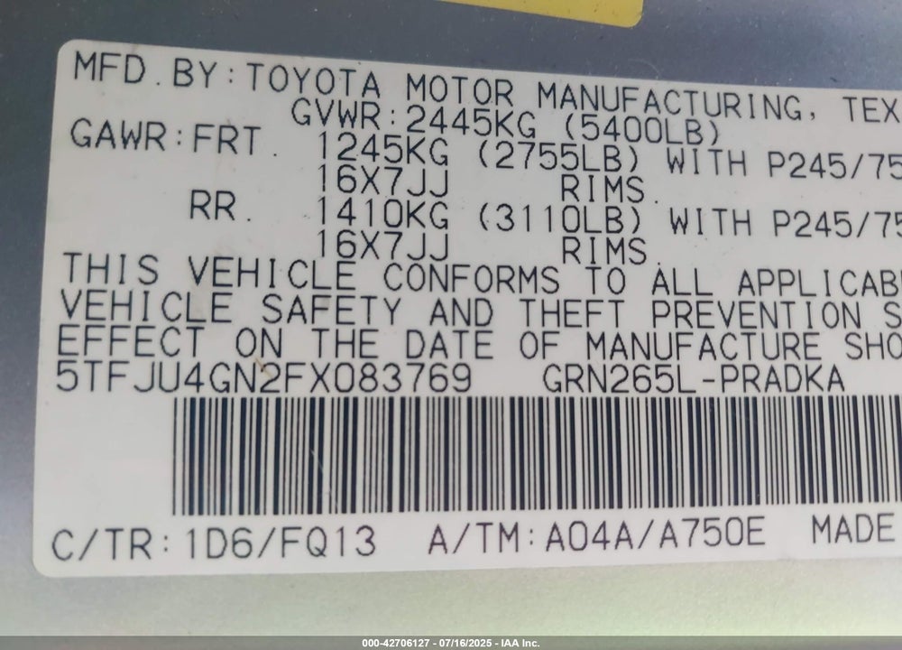 2015 TOYOTA TACOMA VIN: 5TFJU4GN2FX083769