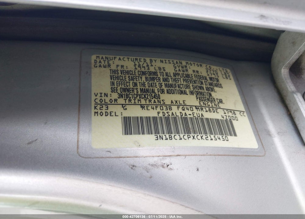 2012 NISSAN VERSA VIN: 3N1BC1CPXCK215450