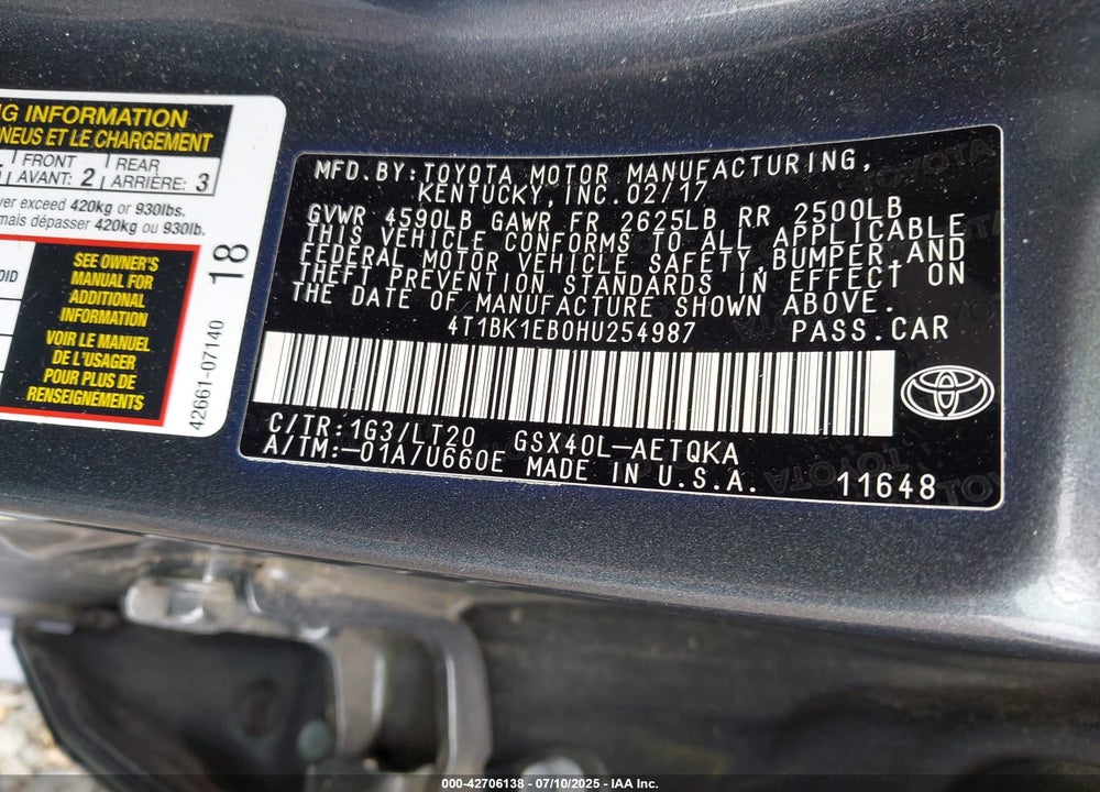 2017 TOYOTA AVALON VIN: 4T1BK1EB0HU254987