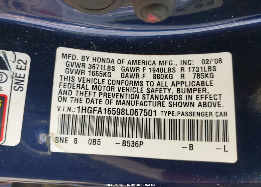 2008 HONDA CIVIC LX VIN: 1HGFA16598L067501