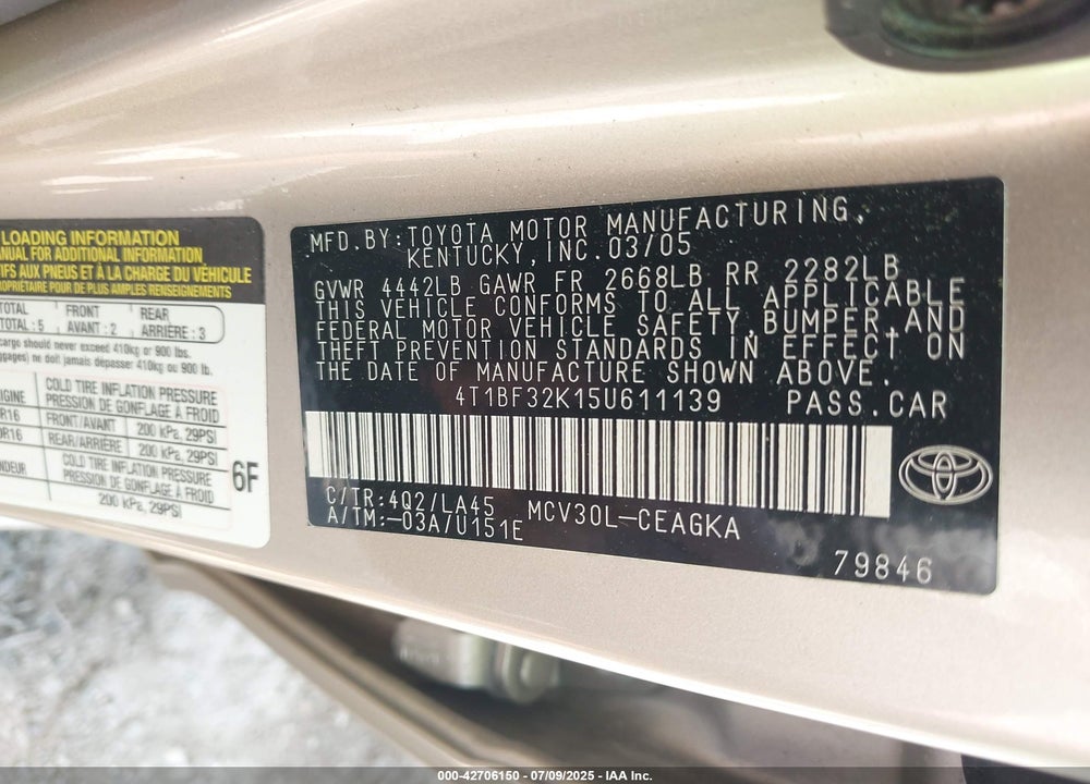 2005 TOYOTA CAMRY XLE V6 VIN: 4T1BF32K15U611139