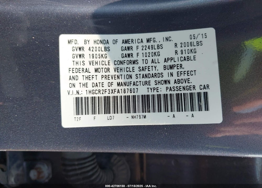 2015 HONDA ACCORD VIN: 1HGCR2F3XFA187607