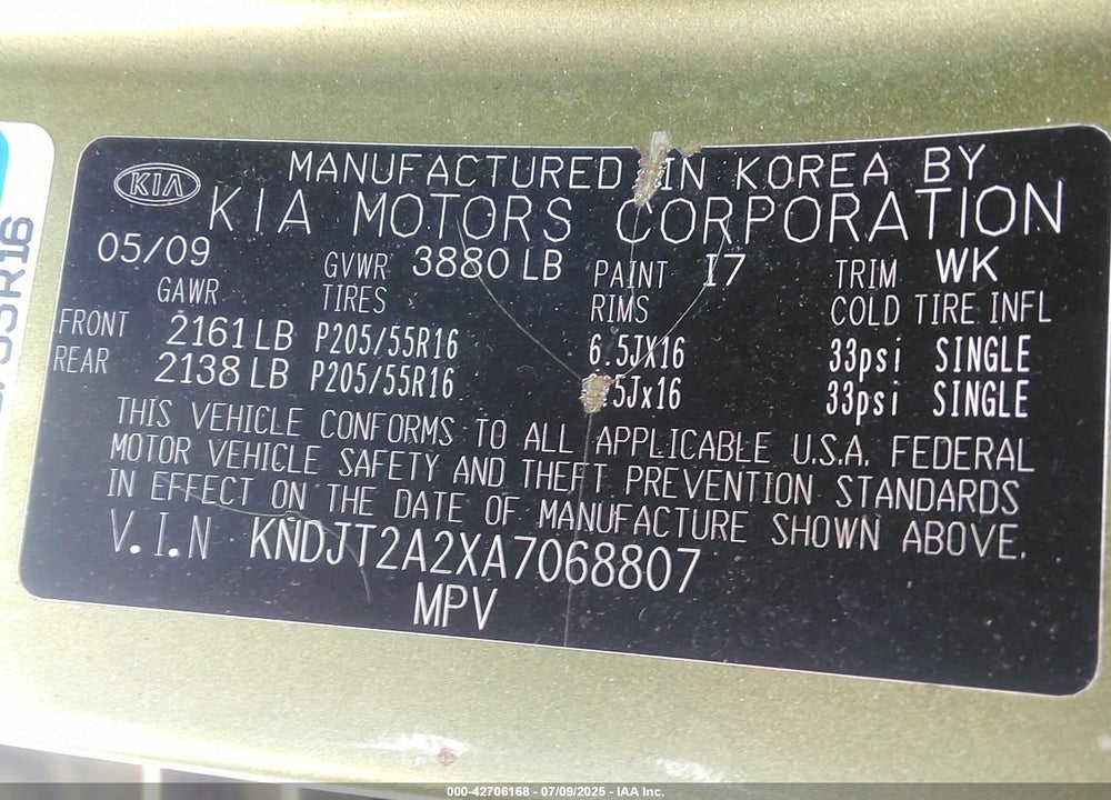 2010 KIA SOUL VIN: KNDJT2A2XA7068807