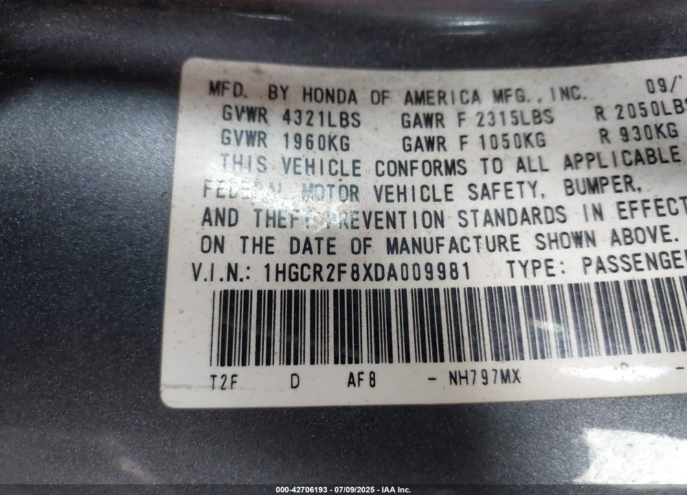 2013 HONDA ACCORD VIN: 1HGCR2F8XDA009981