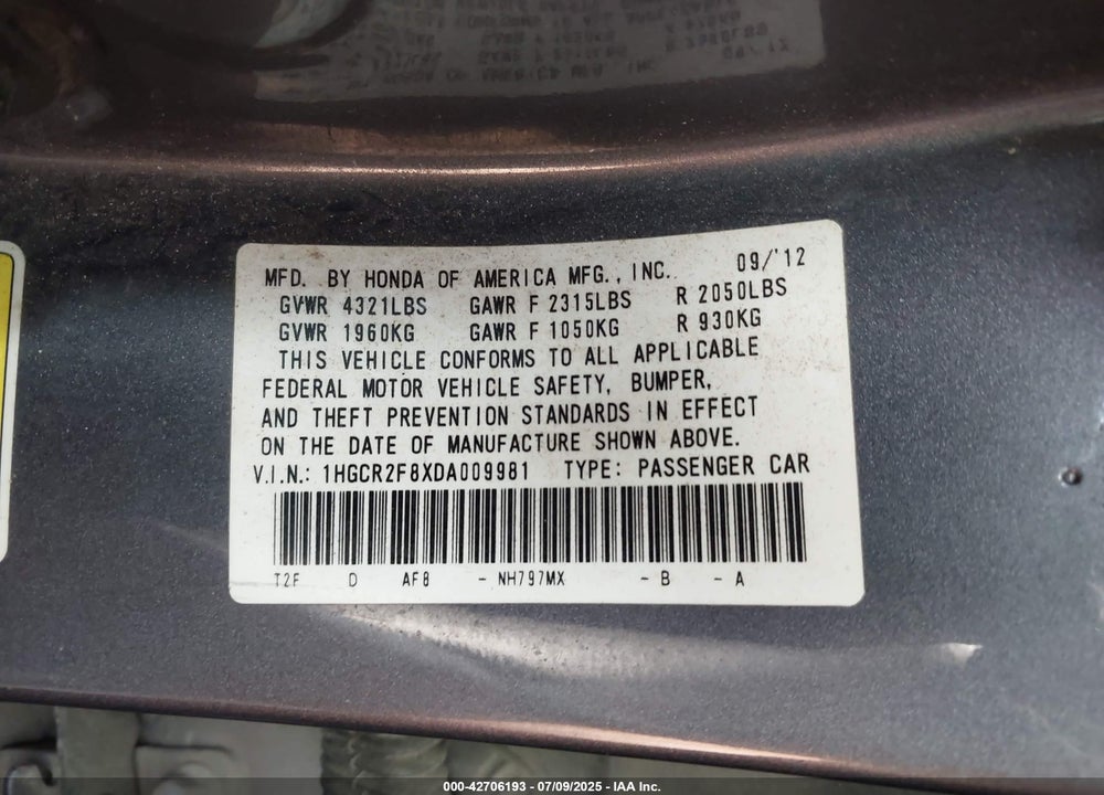 2013 HONDA ACCORD VIN: 1HGCR2F8XDA009981