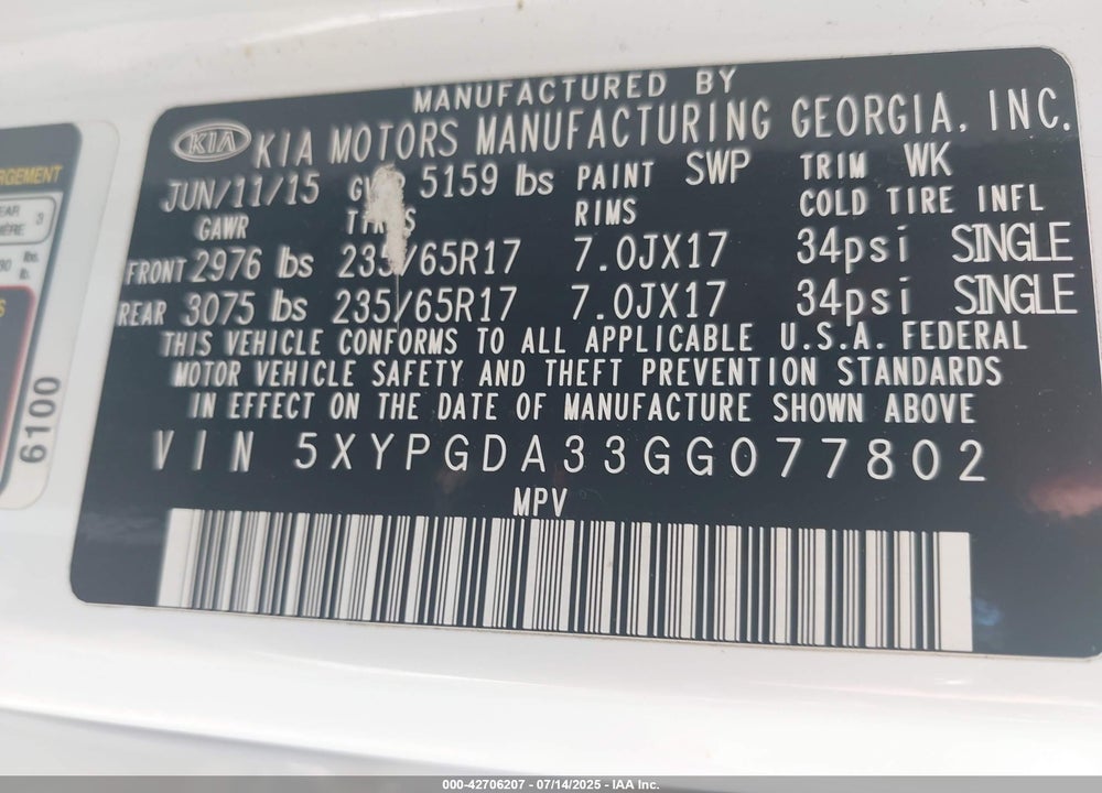 2016 KIA SORENTO VIN: 5XYPGDA33GG077802