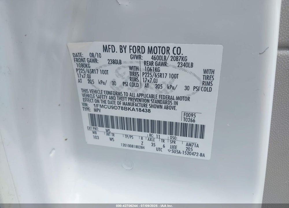 2011 FORD ESCAPE XLT VIN: 1FMCU9D78BKA18438