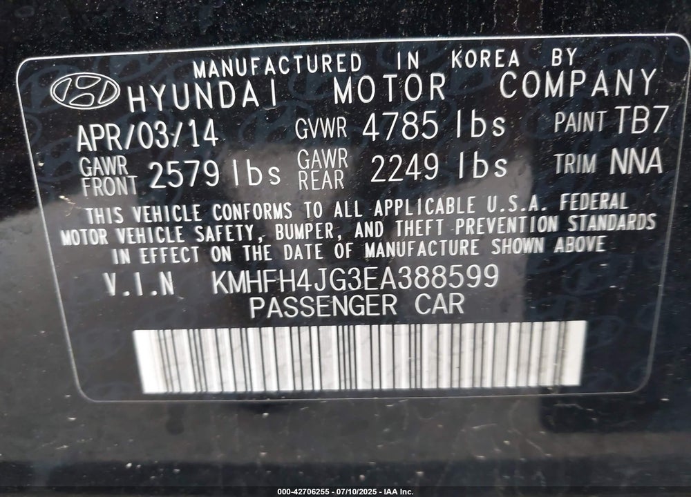 2014 HYUNDAI AZERA VIN: KMHFH4JG3EA388599