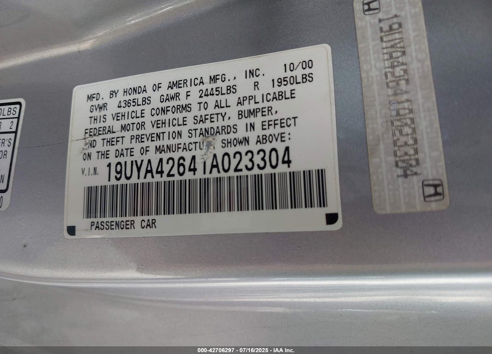 2001 ACURA CL 3.2 TYPE S VIN: 19UYA42641A023304