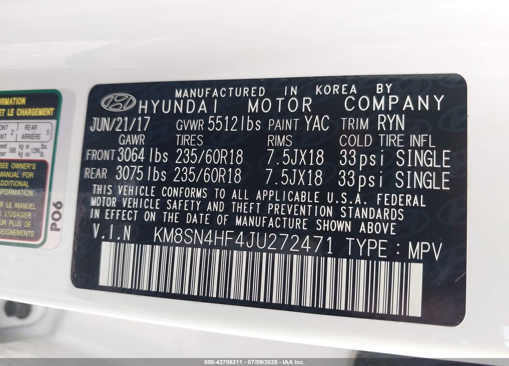 2018 HYUNDAI SANTA FE VIN: KM8SN4HF4JU272471