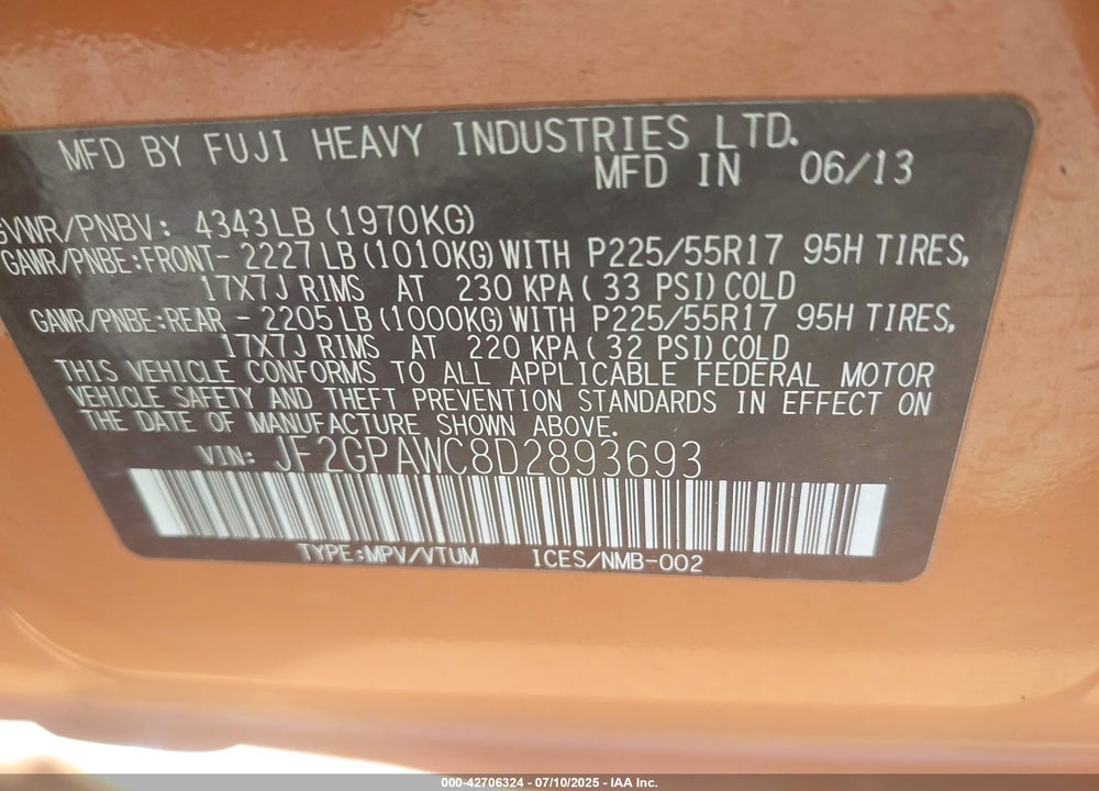 2013 SUBARU XV CROSSTREK VIN: JF2GPAWC8D2893693