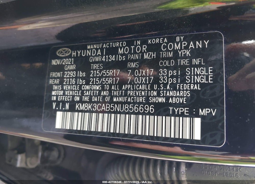 2022 HYUNDAI KONA VIN: KM8K3CAB5NU856696