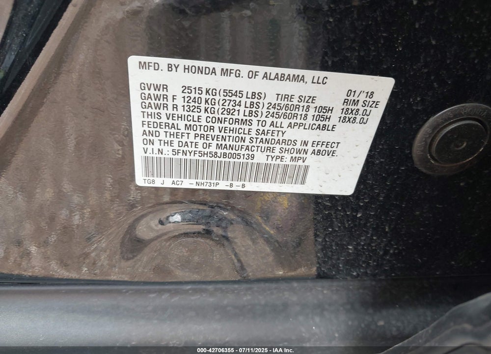 2018 HONDA PILOT EX-L VIN: 5FNYF5H58JB005139