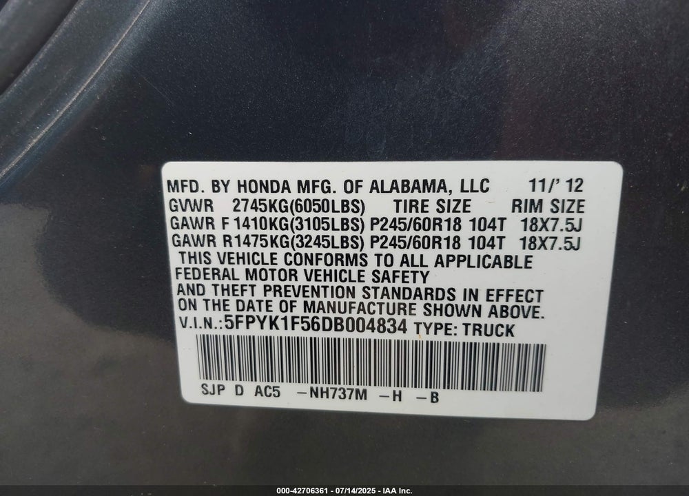 2013 HONDA RIDGELINE VIN: 5FPYK1F56DB004834