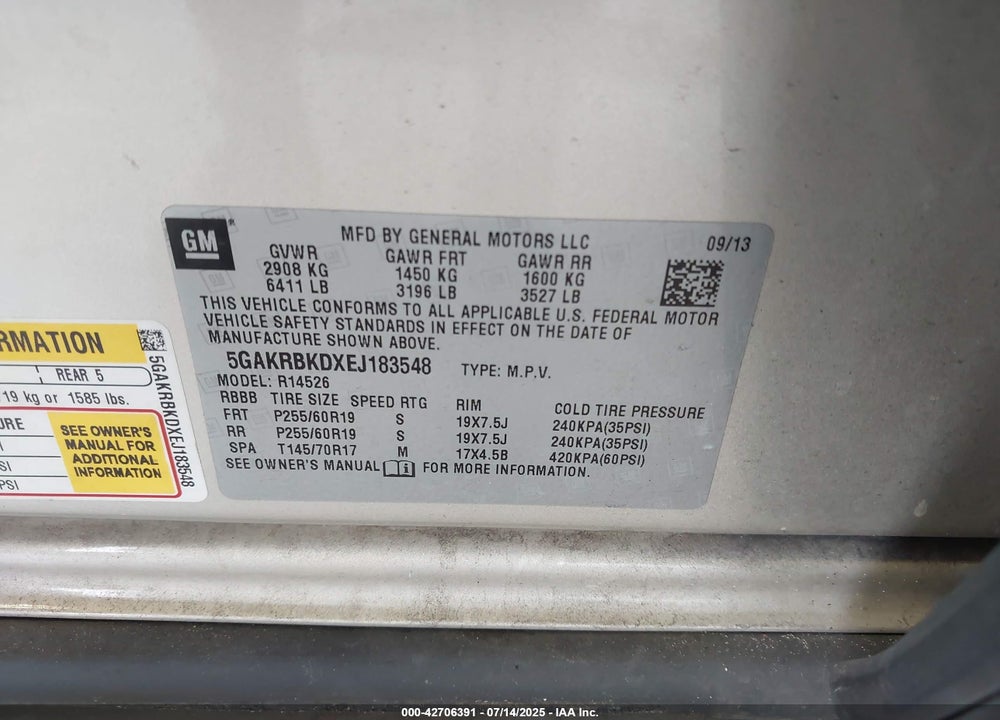 2014 BUICK ENCLAVE VIN: 5GAKRBKDXEJ183548