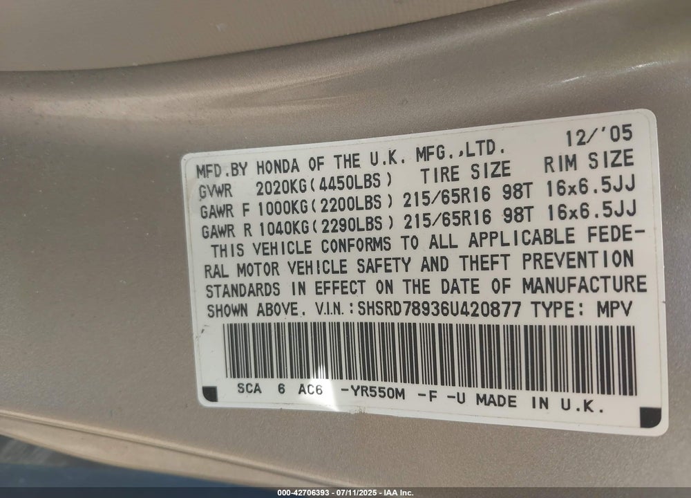 2006 HONDA CR-V VIN: SHSRD78936U420877