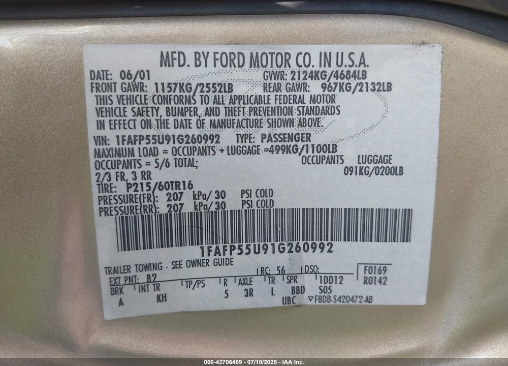 2001 FORD TAURUS SES VIN: 1FAFP55U91G260992