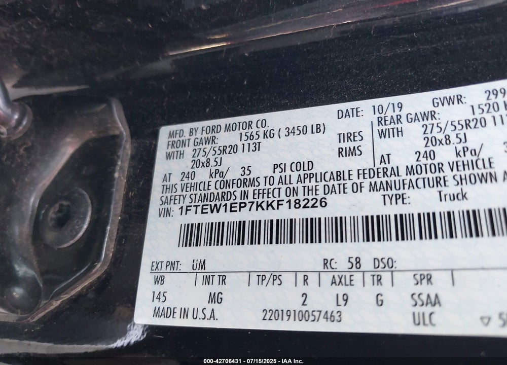 2019 FORD F-150 VIN: 1FTEW1EP7KKF18226