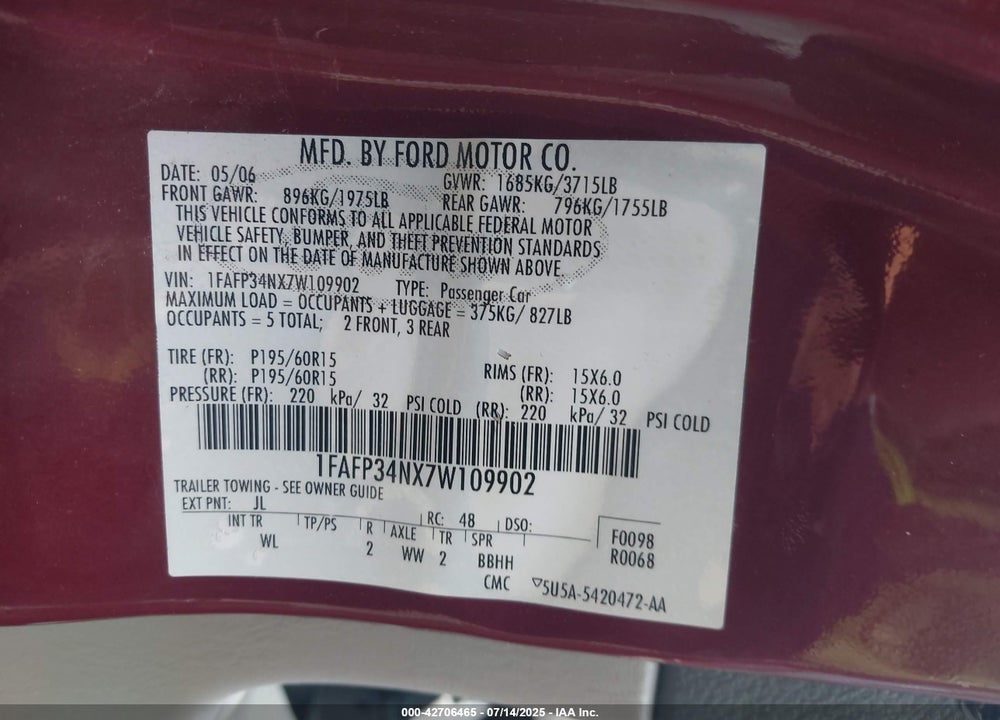 2007 FORD FOCUS VIN: 1FAFP34NX7W109902