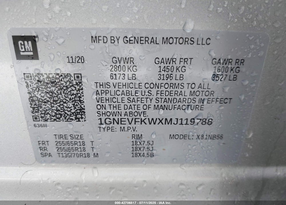 2021 CHEVROLET TRAVERSE VIN: 1GNEVFKWXMJ119788