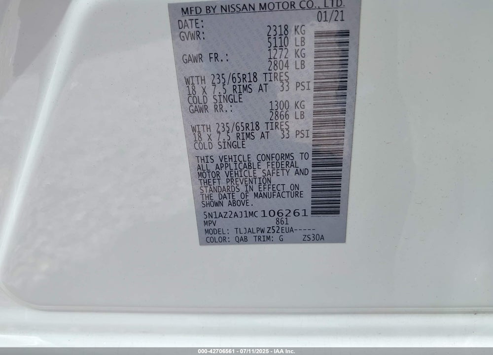 2021 NISSAN MURANO VIN: 5N1AZ2AJ1MC106261