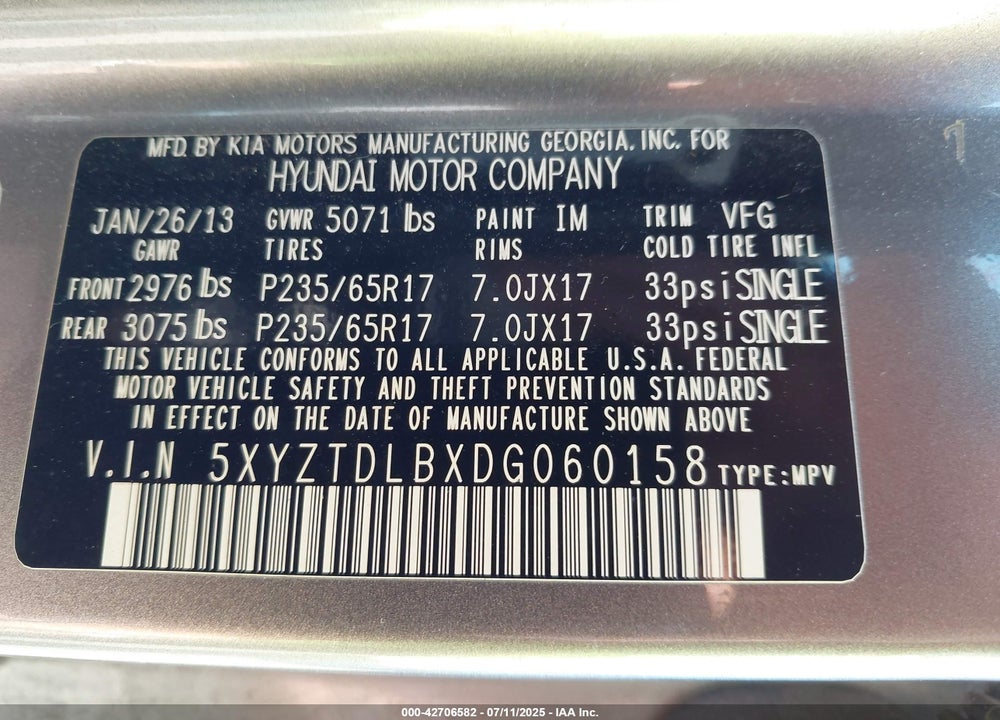 2013 HYUNDAI SANTA FE VIN: 5XYZTDLBXDG060158