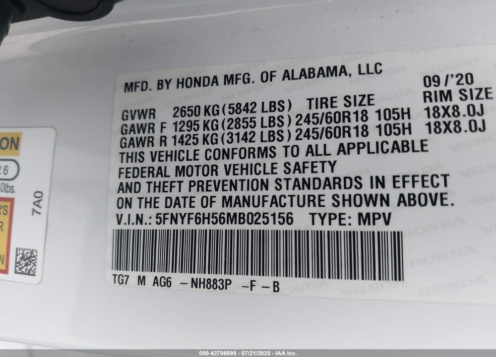 2021 HONDA PILOT VIN: 5FNYF6H56MB025156