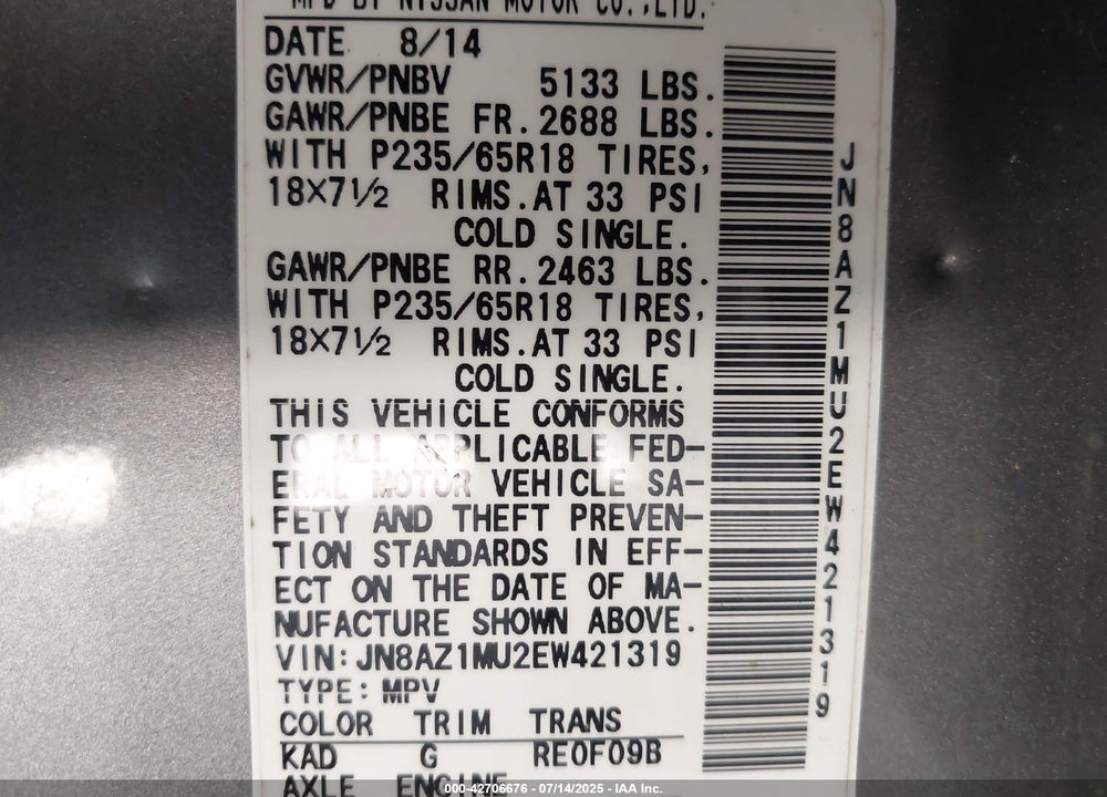 2014 NISSAN MURANO VIN: JN8AZ1MU2EW421319