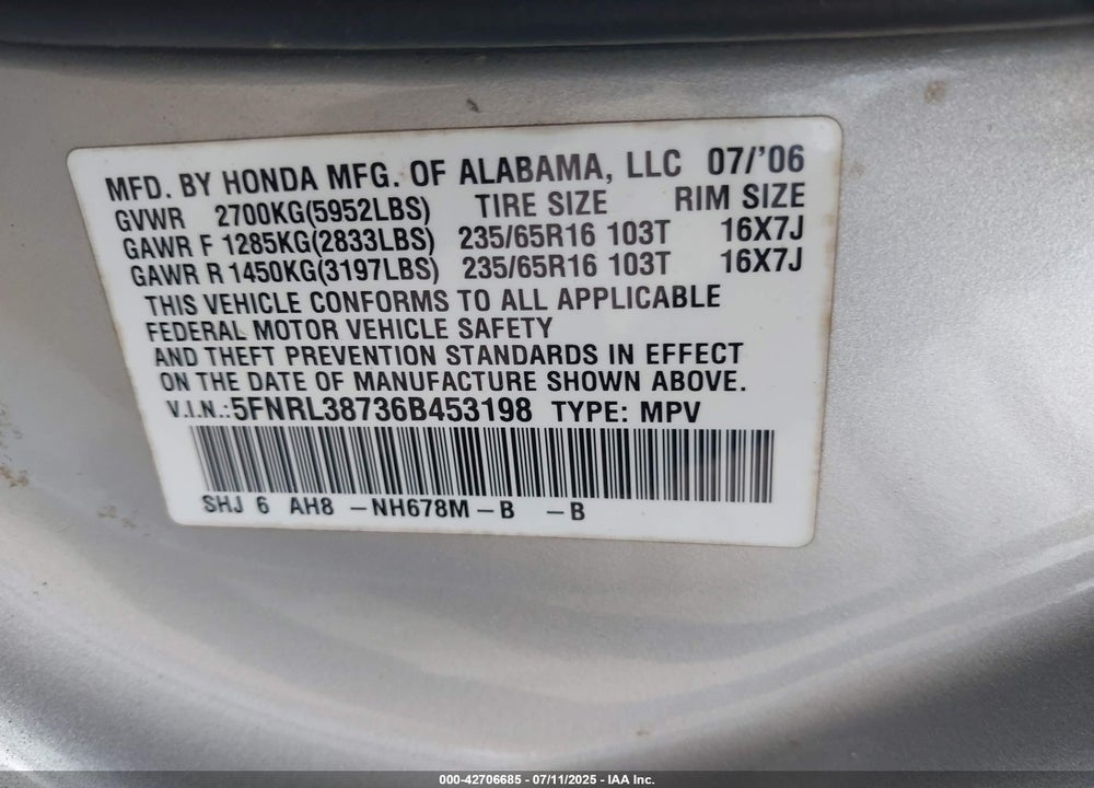2006 HONDA ODYSSEY EX-L VIN: 5FNRL38736B453198