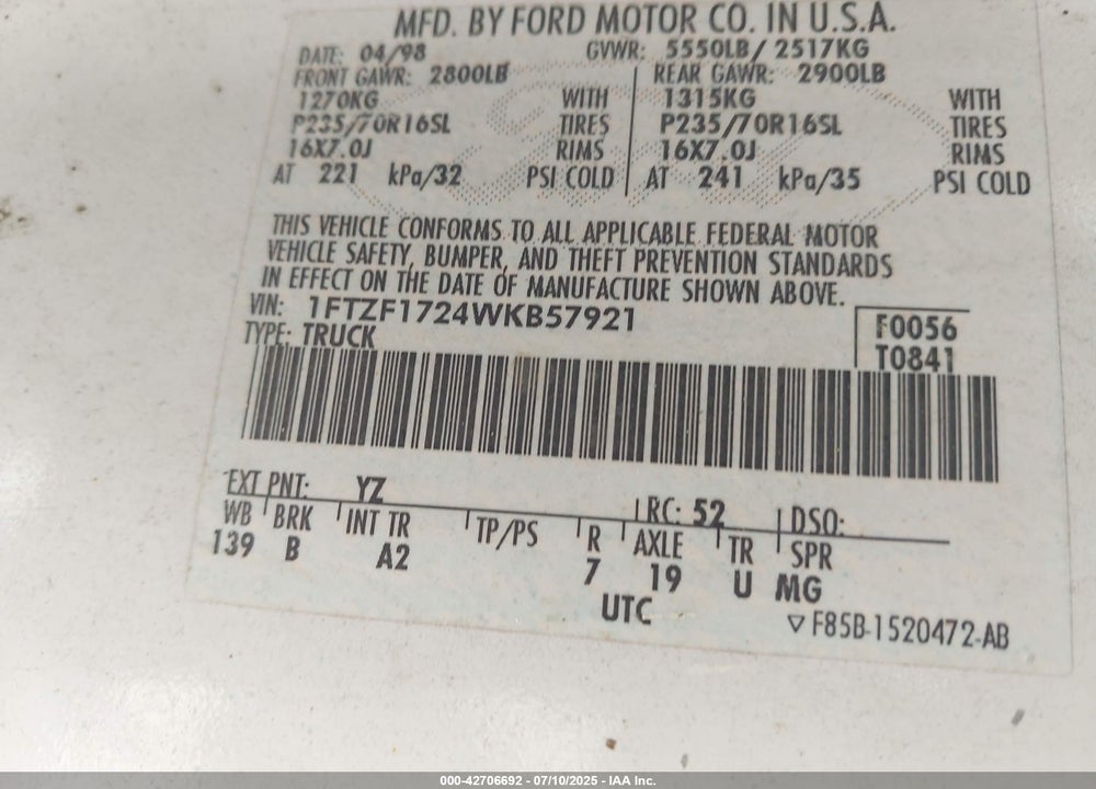 1998 FORD F-150 VIN: 1FTZF1724WKB57921