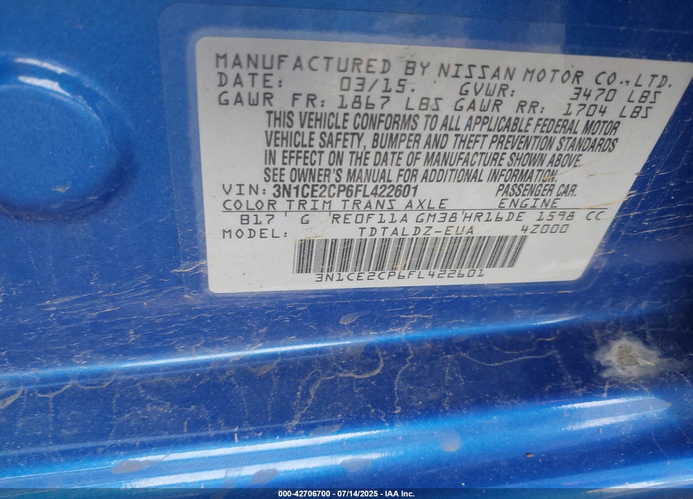 2015 NISSAN VERSA NOTE VIN: 3N1CE2CP6FL422601