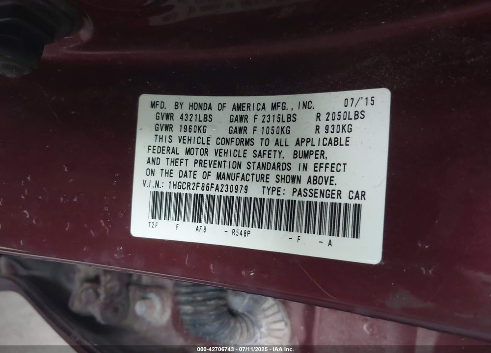 2015 HONDA ACCORD VIN: 1HGCR2F86FA230979