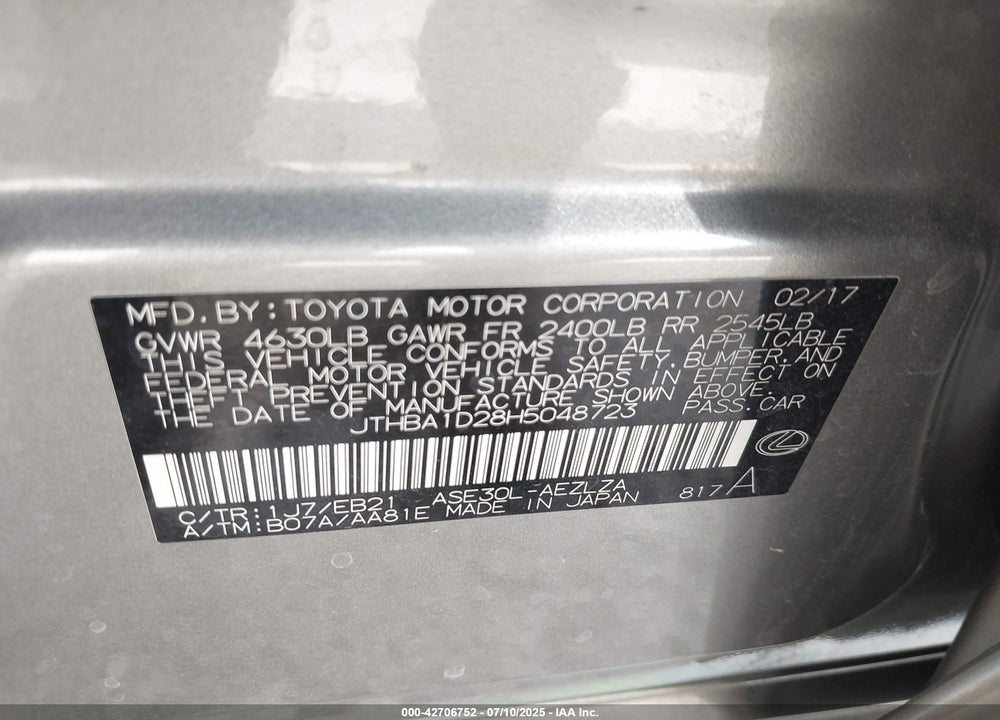 2017 LEXUS IS 200T VIN: JTHBA1D28H5048723