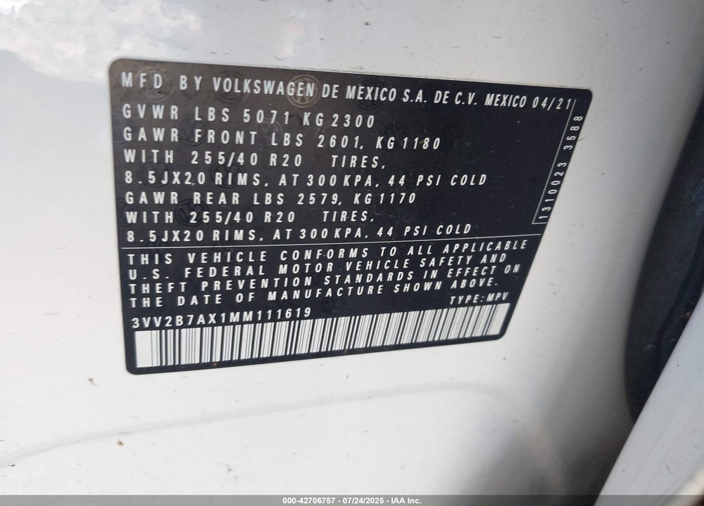2021 VOLKSWAGEN TIGUAN VIN: 3VV2B7AX1MM111619