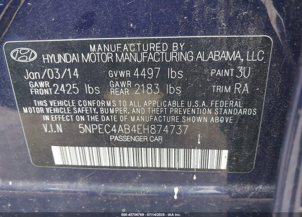 2014 HYUNDAI SONATA VIN: 5NPEC4AB4EH874737