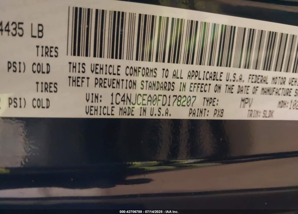 2015 JEEP COMPASS VIN: 1C4NJCEA0FD178207