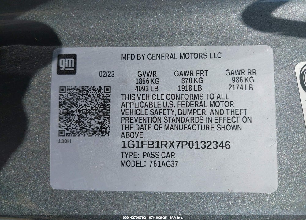 2023 CHEVROLET CAMARO VIN: 1G1FB1RX7P0132346