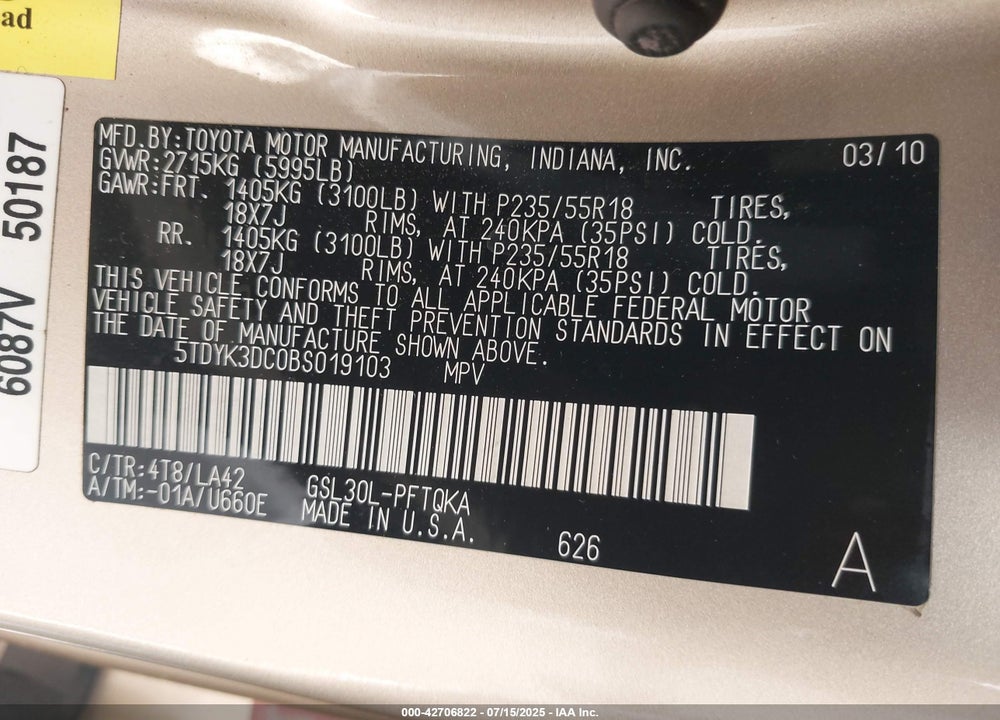 2011 TOYOTA SIENNA VIN: 5TDYK3DC0BS019103