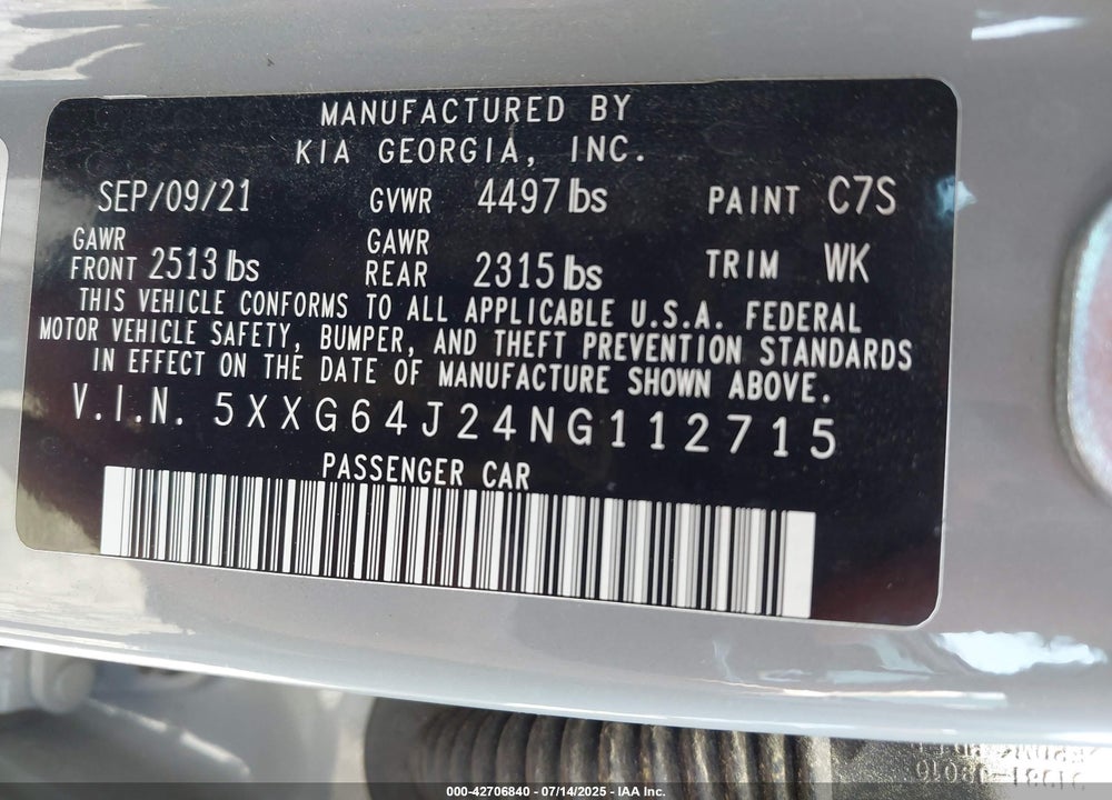 2022 KIA K5 VIN: 5XXG64J24NG112715