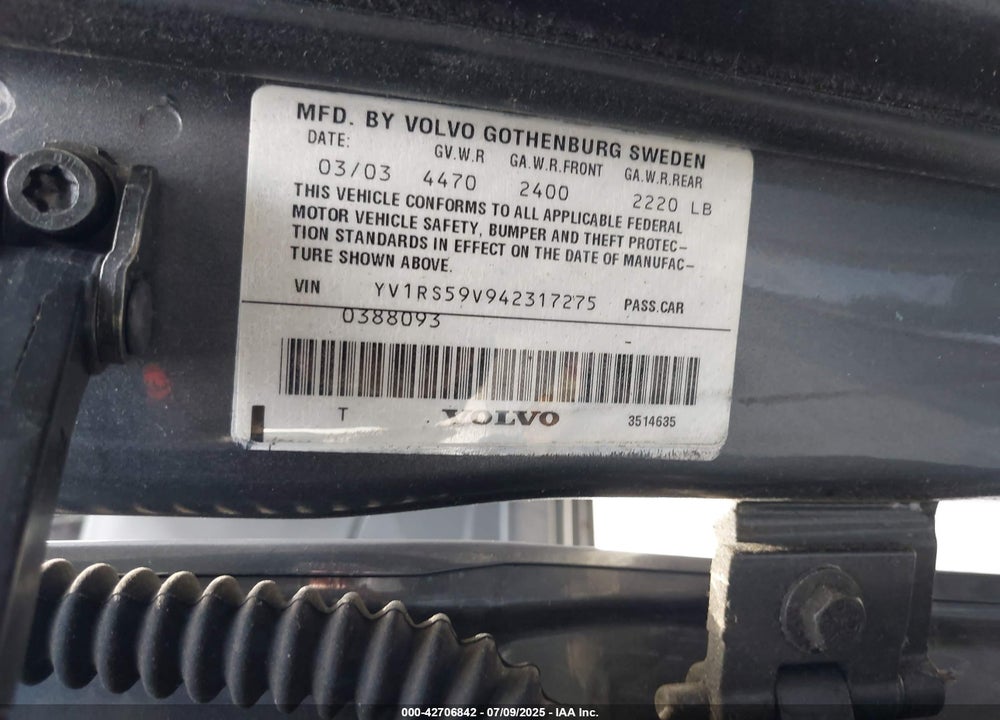 2004 VOLVO S60 2.5T VIN: YV1RS59V942317275