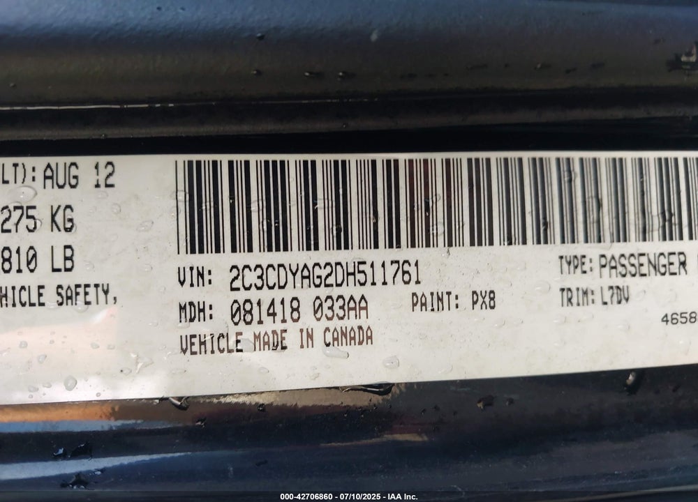 2013 DODGE CHALLENGER VIN: 2C3CDYAG2DH511761