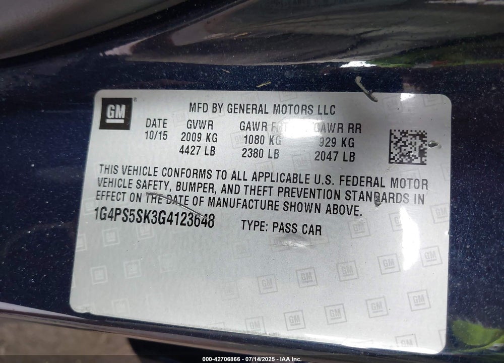 2016 BUICK VERANO VIN: 1G4PS5SK3G4123648