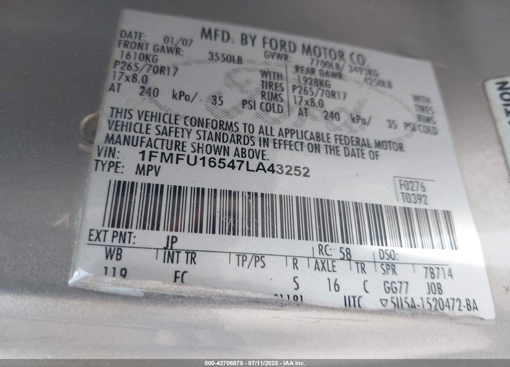 2007 FORD EXPEDITION VIN: 1FMFU16547LA43252