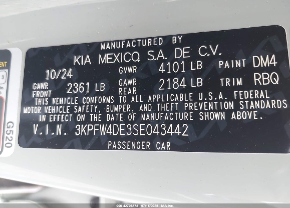 2025 KIA K4 VIN: 3KPFW4DE3SE043442