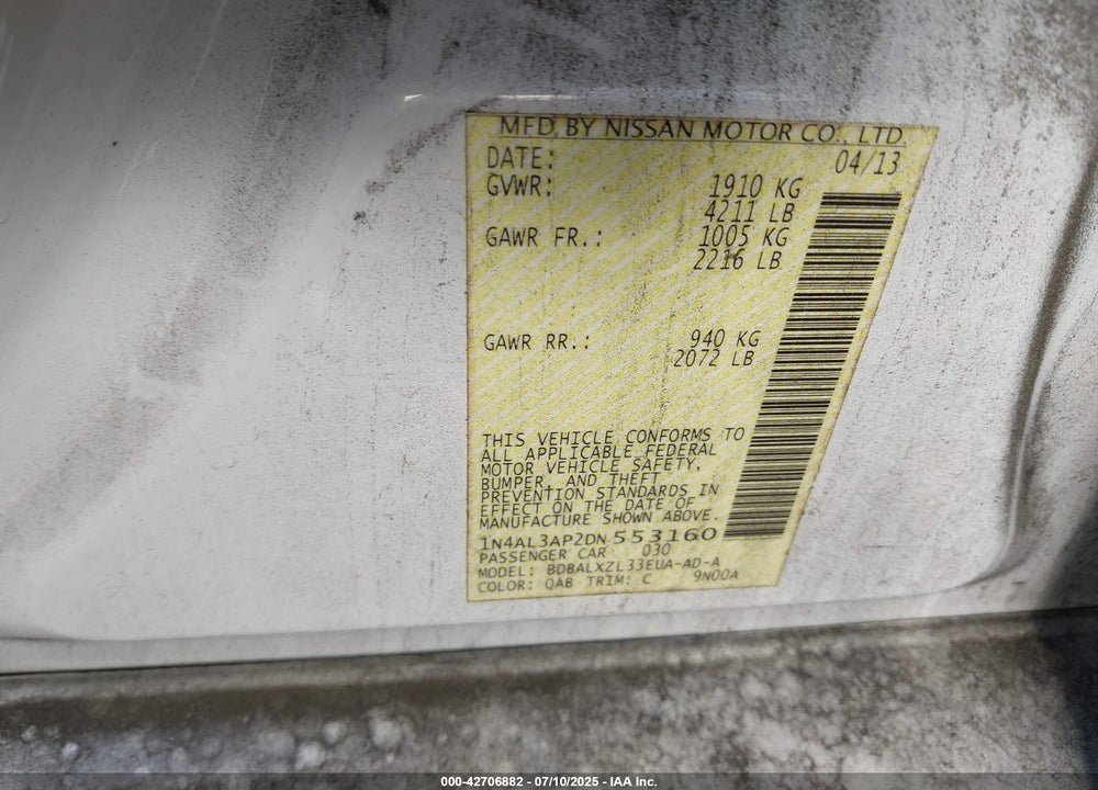 2013 NISSAN ALTIMA VIN: 1N4AL3AP2DN553160